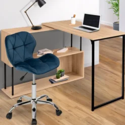 Chaise de bureau velours bleu à roulettes