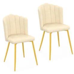 Chaises coquillages beiges en velours et pieds dorés
