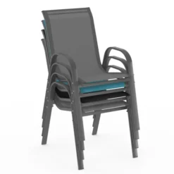 4 chaises de jardin en métal et textilène gris, noir et bleu