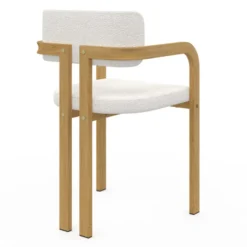 Chaises de salle à manger en métal effet bois et tissu blanc bouclette avec accoudoirs