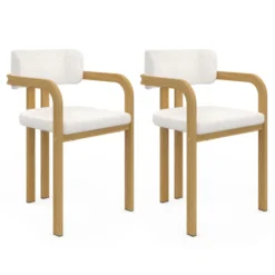 Chaises de salle à manger en métal effet bois et tissu blanc bouclette avec accoudoirs