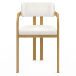 Chaises de salle à manger en métal effet bois et tissu blanc bouclette avec accoudoirs