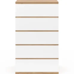 Chiffonier commode semainier bois façon hêtre et blanc 60 cm 5 tiroirs