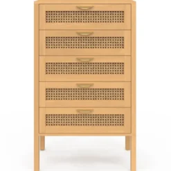 Chiffonier commode semainier cannage bois 5 tiroirs 60 cm
