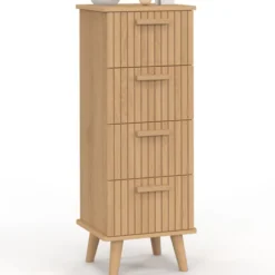 Chiffonnier lattes tasseau bois coloris chêne - meuble d'appoint 4 tiroirs 30 cm