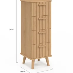 Chiffonnier lattes tasseau bois coloris chêne - meuble d'appoint 4 tiroirs 30 cm