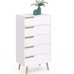 Chiffonnier 5 tiroirs bois et blanc style scandinave