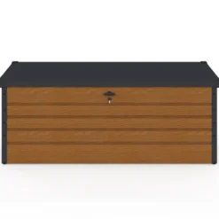 Coffre de rangement métal verrouillable effet bois et gris pour jardin 600L 165x70x63 cm