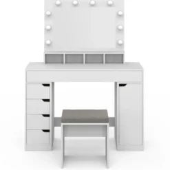 Coiffeuse avec miroir LED blanche, niches, tiroirs, rangements et tabouret