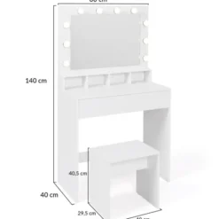 Coiffeuse avec miroir LED et tabouret, 4 niches, 1 tiroir