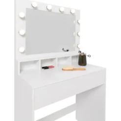 Coiffeuse avec miroir LED et tabouret, 4 niches, 1 tiroir