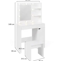Coiffeuse blanche avec miroir LED et tabouret 1 tiroir