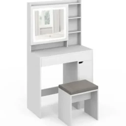 Coiffeuse blanche avec miroir LED et rangements