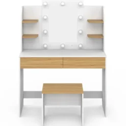 Coiffeuse bois et blanc avec miroir LED et tabouret