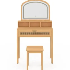 Coiffeuse bois et cannage avec miroir LED, niches, tiroir + tabouret