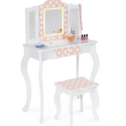 Coiffeuse enfant blanche et rose avec 3 miroirs et tabouret