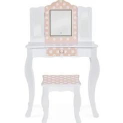 Coiffeuse enfant blanche et rose avec 3 miroirs et tabouret