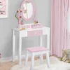 Coiffeuse enfant rose et blanche avec miroir et tabouret
