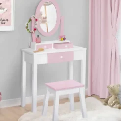 Coiffeuse enfant rose et blanche avec miroir et tabouret