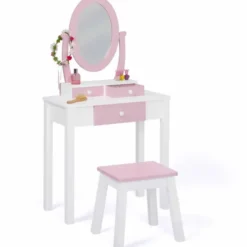 Coiffeuse enfant rose et blanche avec miroir et tabouret