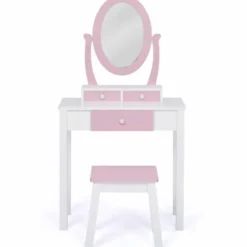 Coiffeuse enfant rose et blanche avec miroir et tabouret