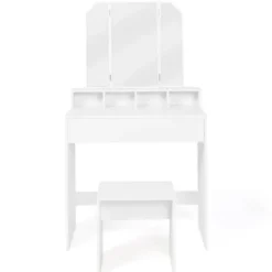 Coiffeuse 3 miroirs blanche avec 4 niches, 1 tiroir et tabouret