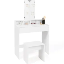 Coiffeuse 3 miroirs blanche avec 4 niches, 1 tiroir et tabouret
