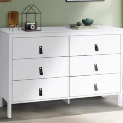 Commode blanche 6 tiroirs avec poignées effet cuir noir