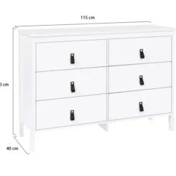 Commode blanche 6 tiroirs avec poignées effet cuir noir