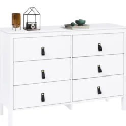 Commode blanche 6 tiroirs avec poignées effet cuir noir