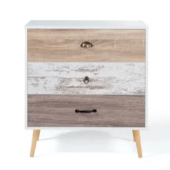 Commode blanche 3 tiroirs effet bois vieilli