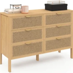 Commode cannage coloris bois avec 6 tiroirs