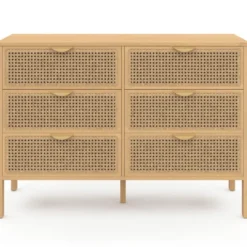 Commode cannage coloris bois avec 6 tiroirs