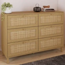 Commode cannage effet naturel avec 6 tiroirs