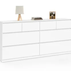 Commode 160 cm avec 8 tiroirs bois et blanc