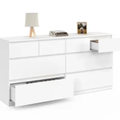 Commode 160 cm avec 8 tiroirs bois et blanc
