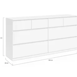 Commode 160 cm avec 8 tiroirs bois et blanc