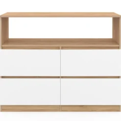 Commode 100 cm 4 tiroirs avec niche façon hêtre et blanc