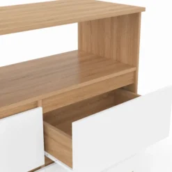 Commode 100 cm 4 tiroirs avec niche façon hêtre et blanc