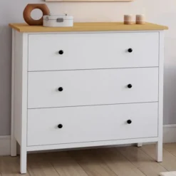 Commode 80 cm 3 tiroirs bois blanc plateau bois