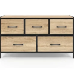 Commode 100 cm 5 tiroirs en tissu noir et effet bois au style industriel