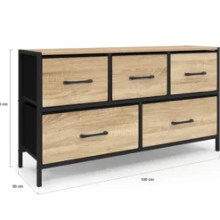 Commode 100 cm 5 tiroirs en tissu noir et effet bois au style industriel