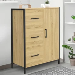 Commode de rangement salle de bain design industriel 3 tiroirs 1 placard