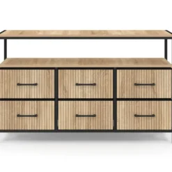 Commode industrielle effet lattes et noir avec 6 tiroirs en tissu et niche