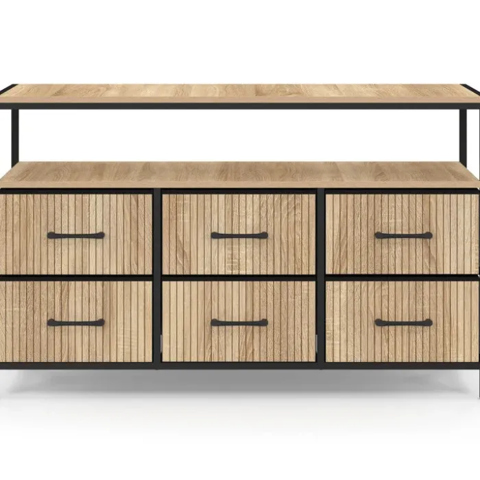 Commode industrielle effet lattes et noir avec 6 tiroirs en tissu et niche