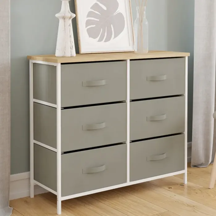 Commode industrielle gris clair et plateau effet bois