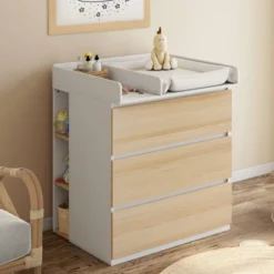 Commode à langer évolutive façon hêtre et blanc 3 tiroirs et 2 étagères