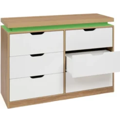 Commode LED blanche et plateau bois 6 tiroirs