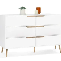 Commode scandinave 6 tiroirs blanche avec pieds en bois