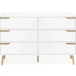 Commode scandinave 6 tiroirs blanche avec pieds en bois